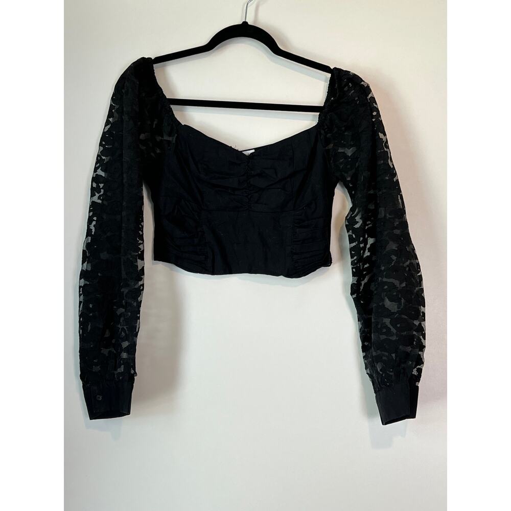 Women's Zara Contrasting Animal Print Organza Puff Sleeve Crop Top Black - Picture 6 of 13